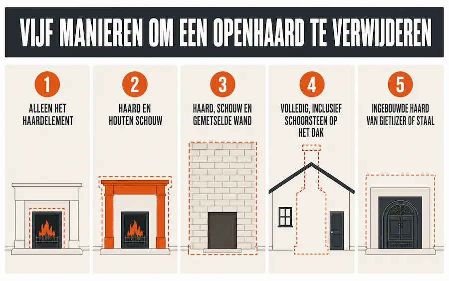 Schema van de vijf manieren om een openhaard te verwijderen