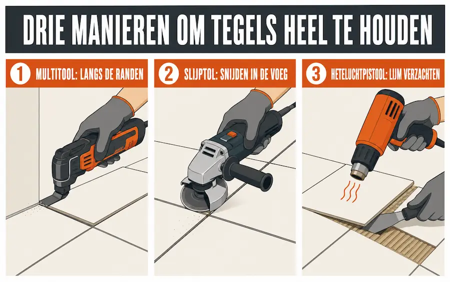 Schema van de drie technieken om tegels heel te verwijderen