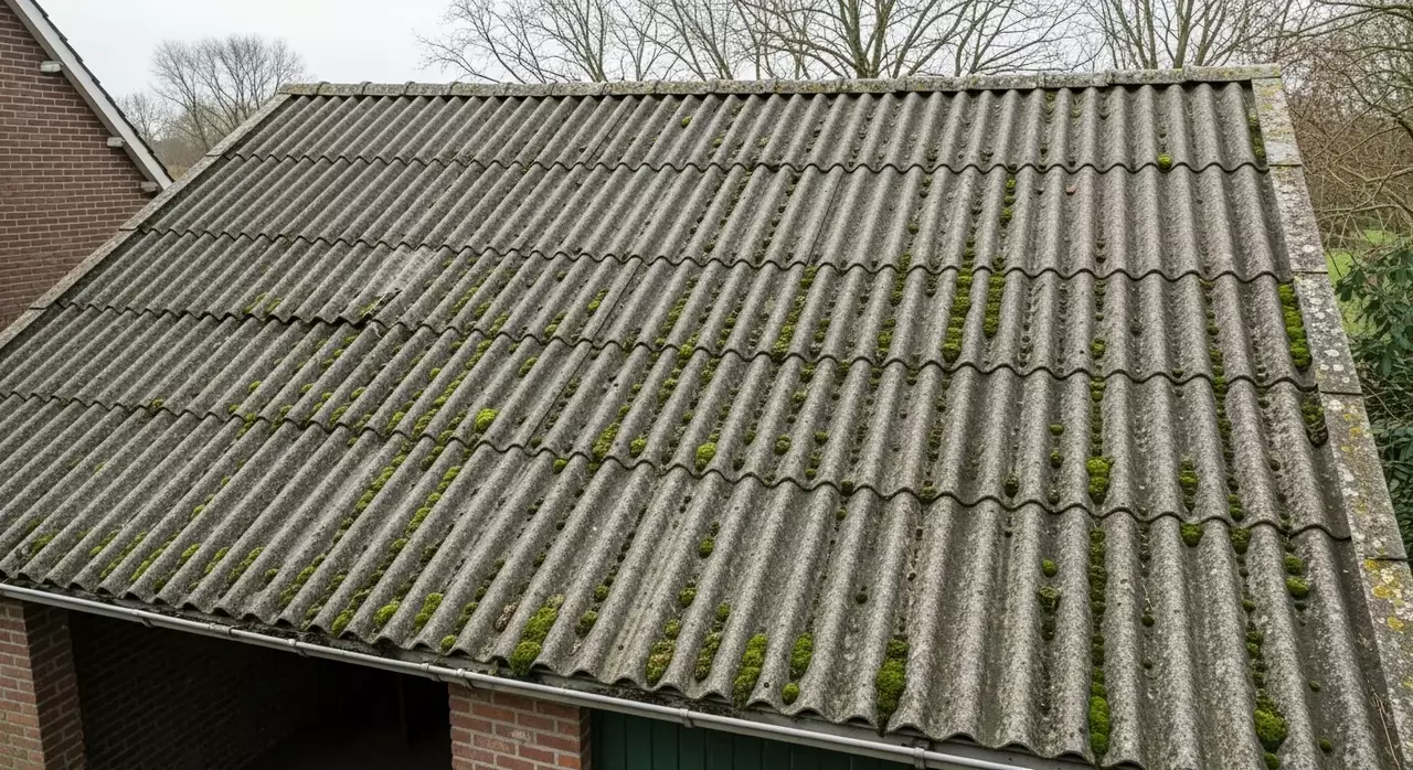 Verouderde asbest golfplaten dak op oude schuur met zichtbare vervuiling en erosie, typisch voor dakplaten die in Tilburg