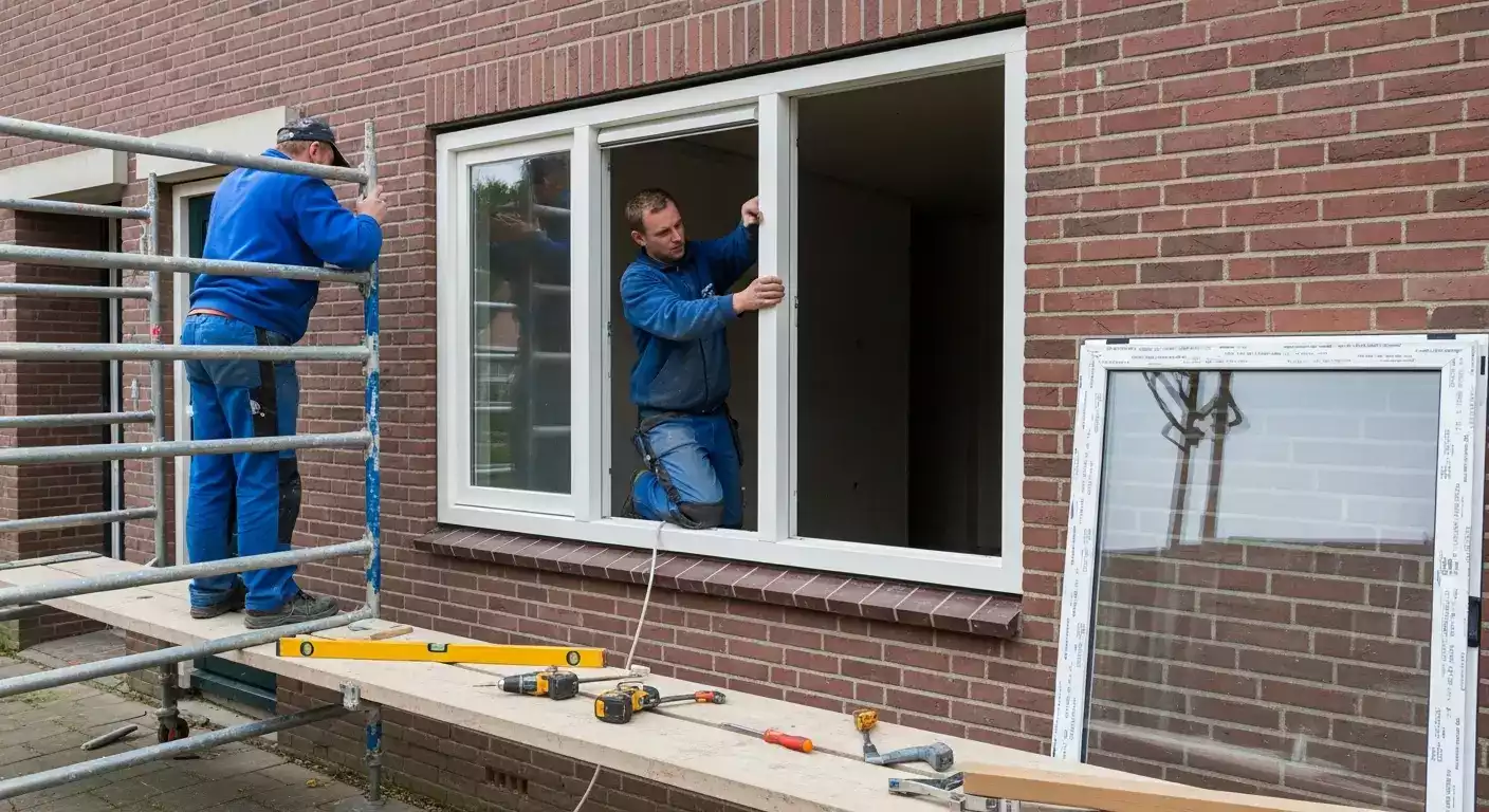 Kozijnen vervangen: kosten, subsidie en vergunning 8 Twee werkmannen installeren nieuwe witte kunststof kozijnen aan een bakstenen huisfacade tijdens renovatie