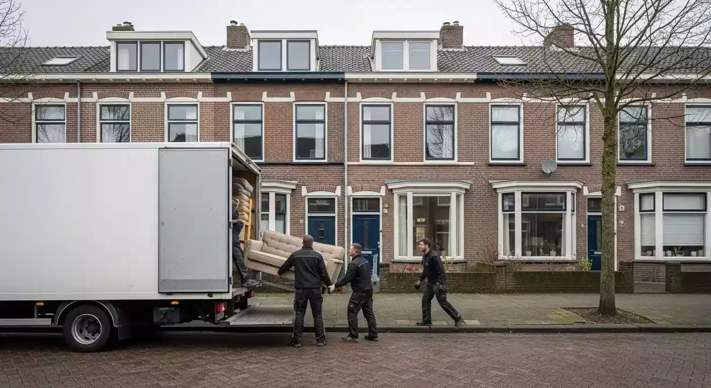 Woningontruiming: kosten, regels en wat je kunt verwachten 6 Professioneel verhuisteam voert woningontruiming uit bij Nederlands huis met witte verhuiswagen