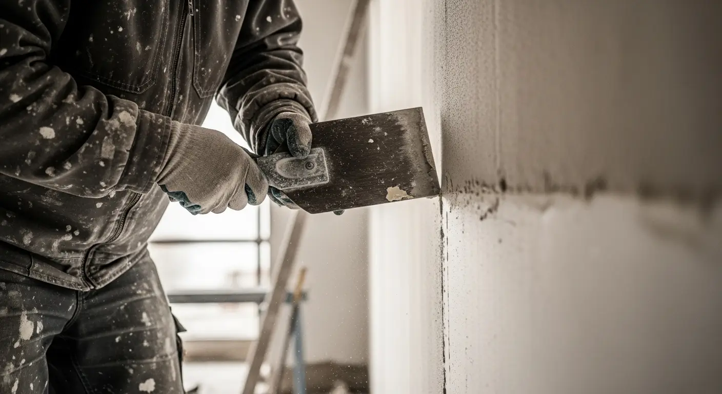 Spachtelputz verwijderen en muur egaliseren: kosten en afwerking 7 Werker verwijdert spachtelputz van muur met brede spachtel, toont contrast tussen ruwe textuur en schoon geschraapte