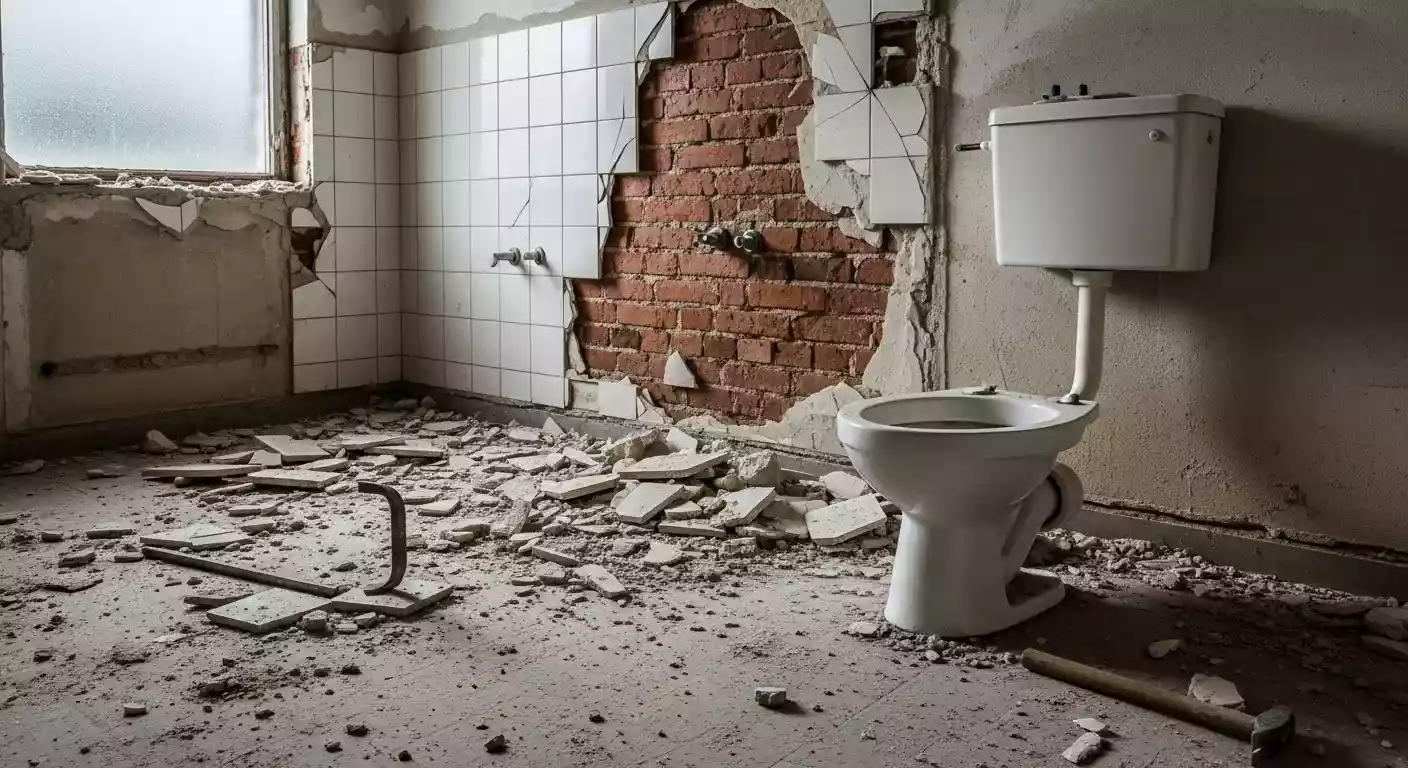 Badkamer mid-demolition met verwijderde tegels, blootgestelde bakstenen muur, losse sanitair en puin op betonvloer