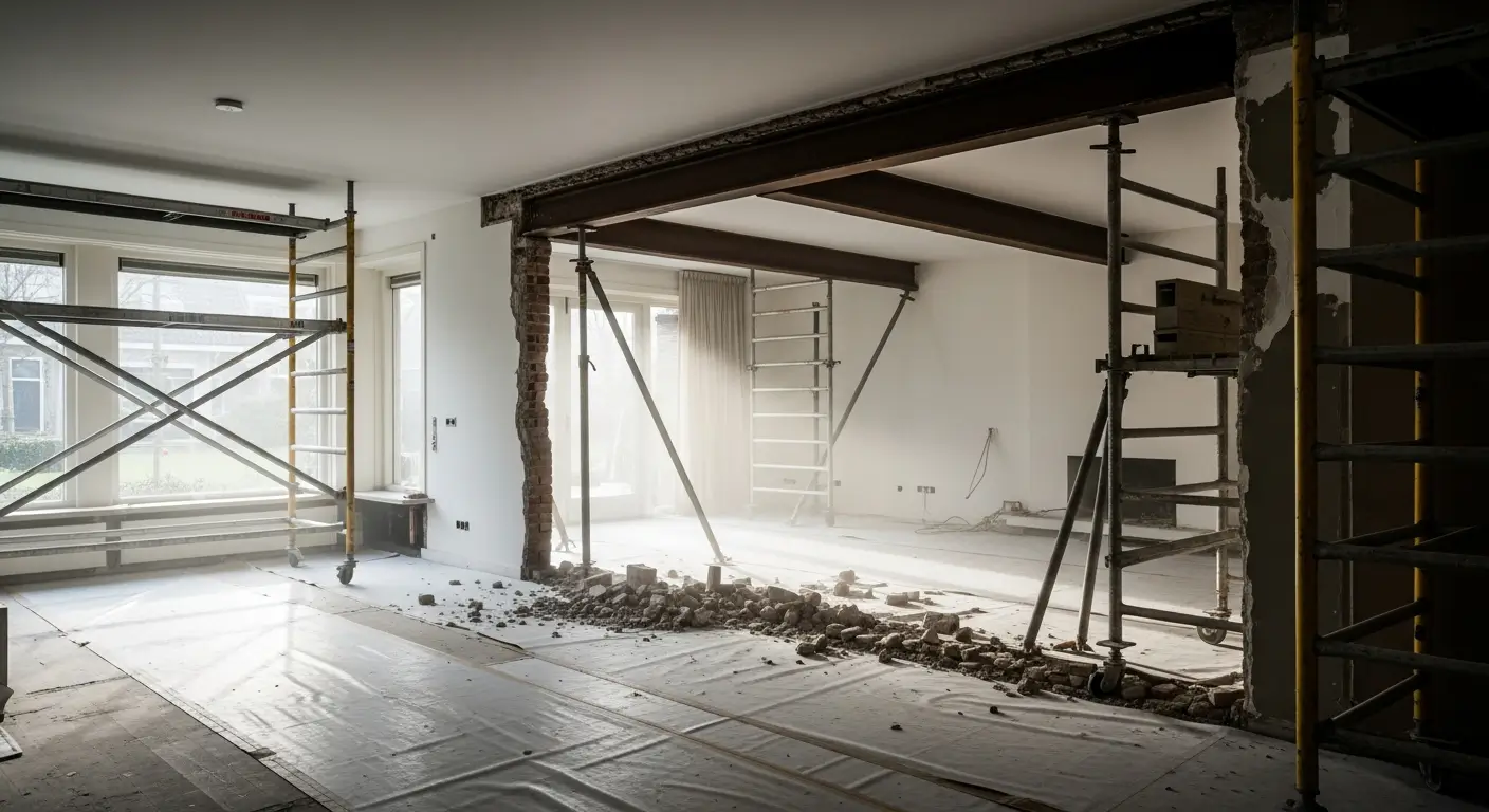 Draagmuur verwijderen en balk plaatsen: kosten en regels 3 Renovatie woonkamer met draagmuur verwijderd en zware stalen I-balk geplaatst, steiger en beschermingsmateriaal zichtbaar