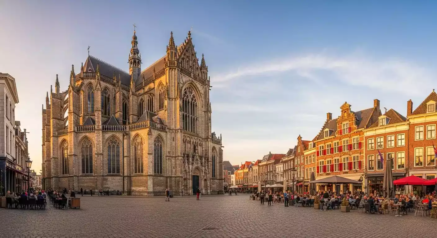 Historische binnenstad van Den Bosch met de imposante Sint-Jankathedraal, terrasjes op het marktplein en middeleeuwse