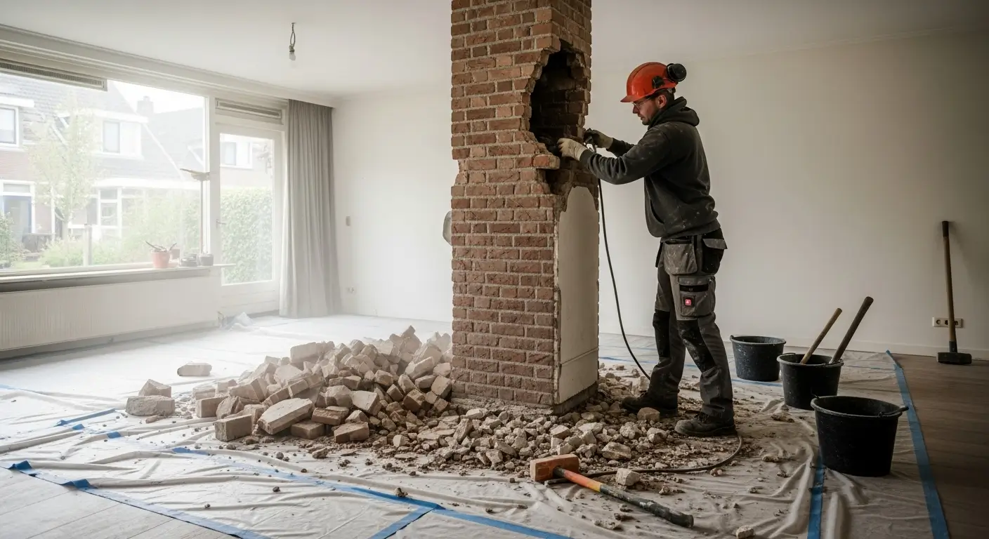 Schoorsteen verwijderen: kosten, vergunning en aanpak 4 Vakman verwijdert een bakstenen schoorsteen uit een woonkamer met professionele gereedschappen