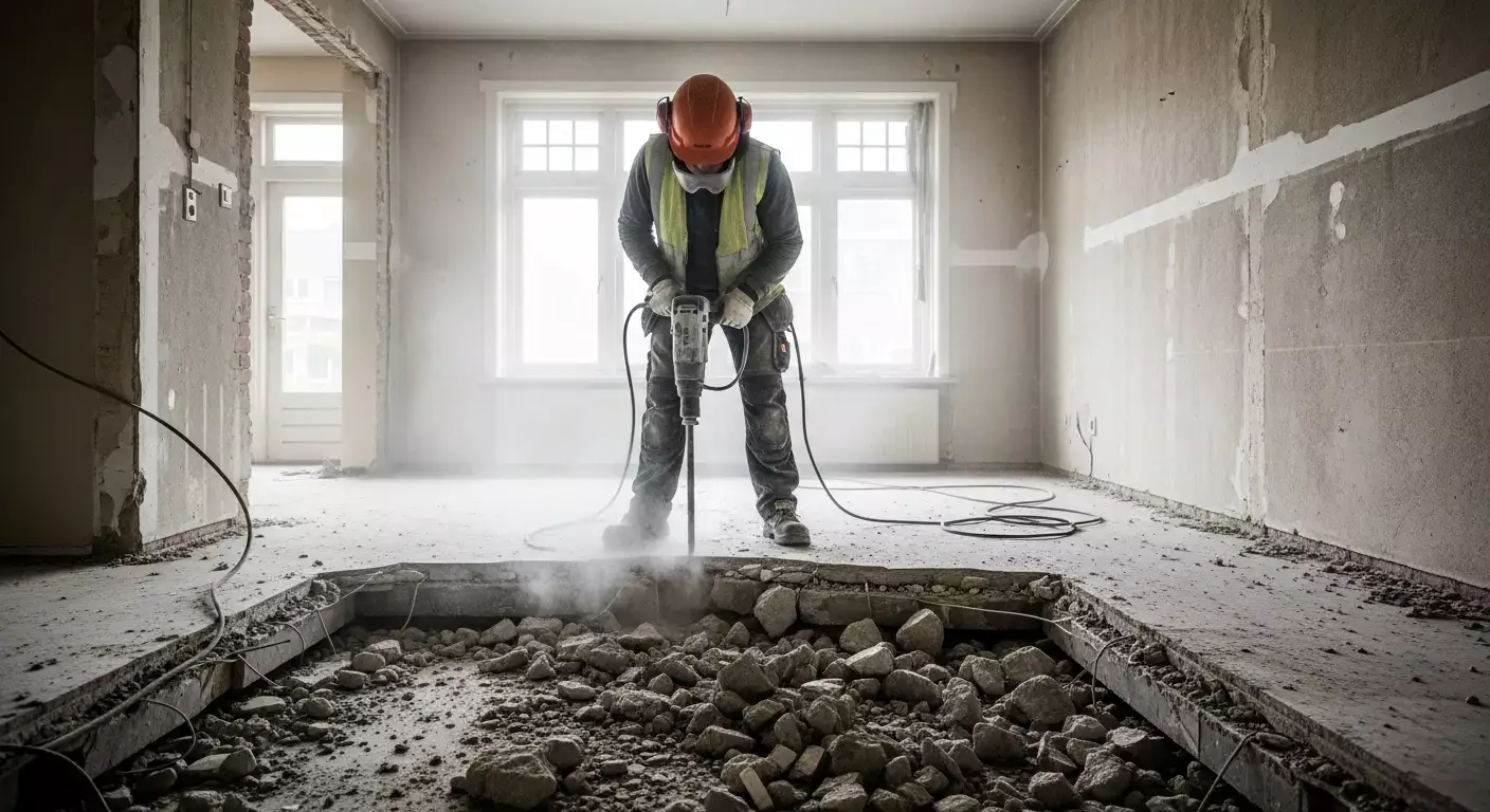 Professionele sloopwerker breekt betonvloer met hamerboor tijdens sloopwerk kosten berekening in woonhuis