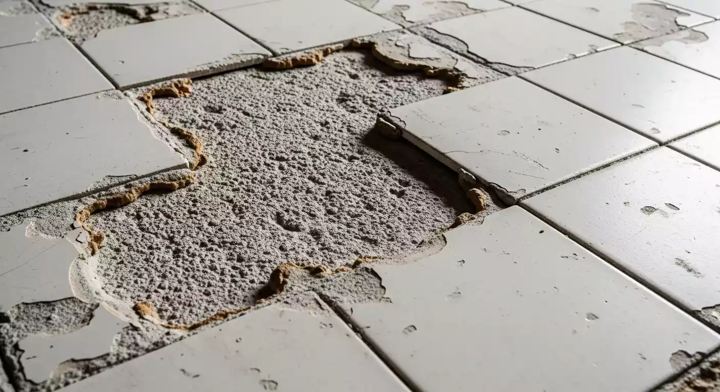 Tegels verwijderen en opnieuw betegelen: totaalprijs 1 Close-up van tegels verwijderen en opnieuw betegelen met zichtbare adhesieresidu en ruw beton
