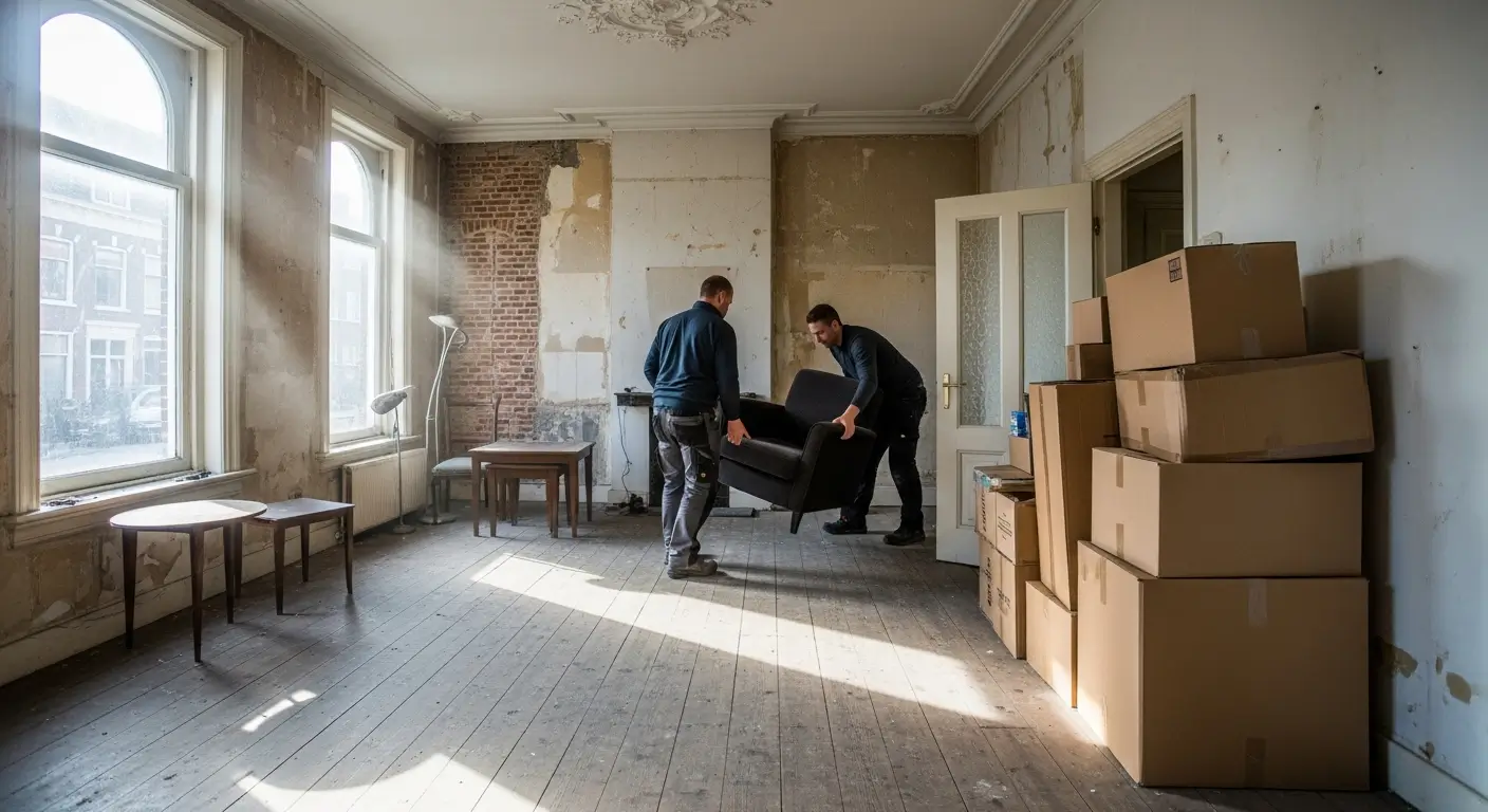 Woningontruiming en sloop in één keer: wat kost het? 5 Twee werknemers ruimen een lege Nederlandse woning uit met kartonnen dozen en meubels, woningontruiming en sloop in één