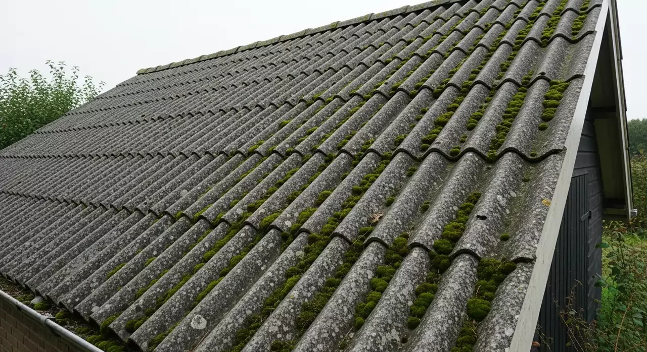 Oud grijs golfplaten dak met mossen en scheuren, typisch asbestcement materiaal uit periode 1950-1994